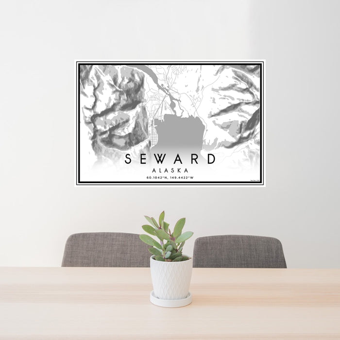 24x36 Seward Alaska Map Print Landscape Orientation in Classic Style Behind 2 Chairs Table and Potted Plant