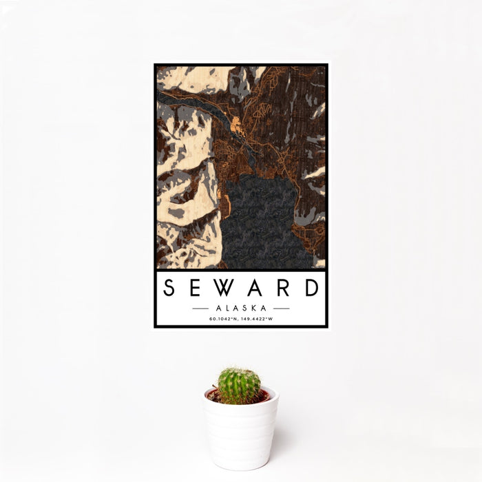 12x18 Seward Alaska Map Print Portrait Orientation in Ember Style With Small Cactus Plant in White Planter