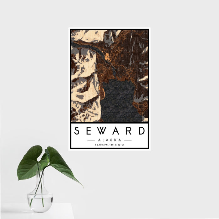 16x24 Seward Alaska Map Print Portrait Orientation in Ember Style With Tropical Plant Leaves in Water