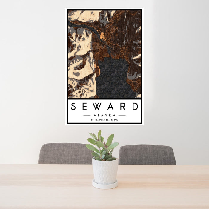24x36 Seward Alaska Map Print Portrait Orientation in Ember Style Behind 2 Chairs Table and Potted Plant