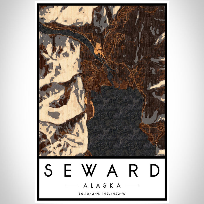 Seward Alaska Map Print Portrait Orientation in Ember Style With Shaded Background