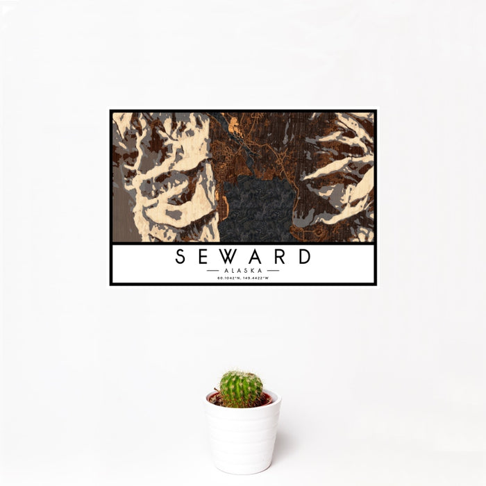 12x18 Seward Alaska Map Print Landscape Orientation in Ember Style With Small Cactus Plant in White Planter
