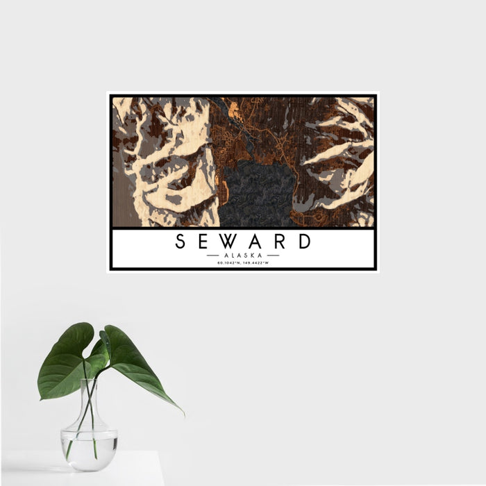 16x24 Seward Alaska Map Print Landscape Orientation in Ember Style With Tropical Plant Leaves in Water