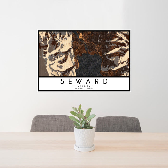 24x36 Seward Alaska Map Print Landscape Orientation in Ember Style Behind 2 Chairs Table and Potted Plant