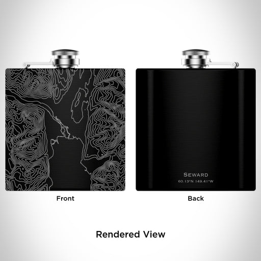 Rendered View of Seward Alaska Map Engraving on 6oz Stainless Steel Flask in Black