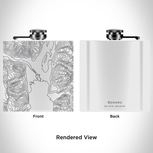Rendered View of Seward Alaska Map Engraving on 6oz Stainless Steel Flask in White