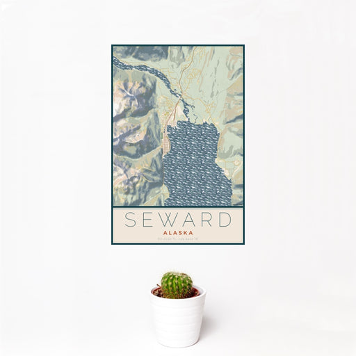 12x18 Seward Alaska Map Print Portrait Orientation in Woodblock Style With Small Cactus Plant in White Planter