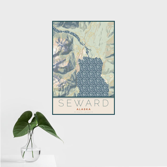 16x24 Seward Alaska Map Print Portrait Orientation in Woodblock Style With Tropical Plant Leaves in Water