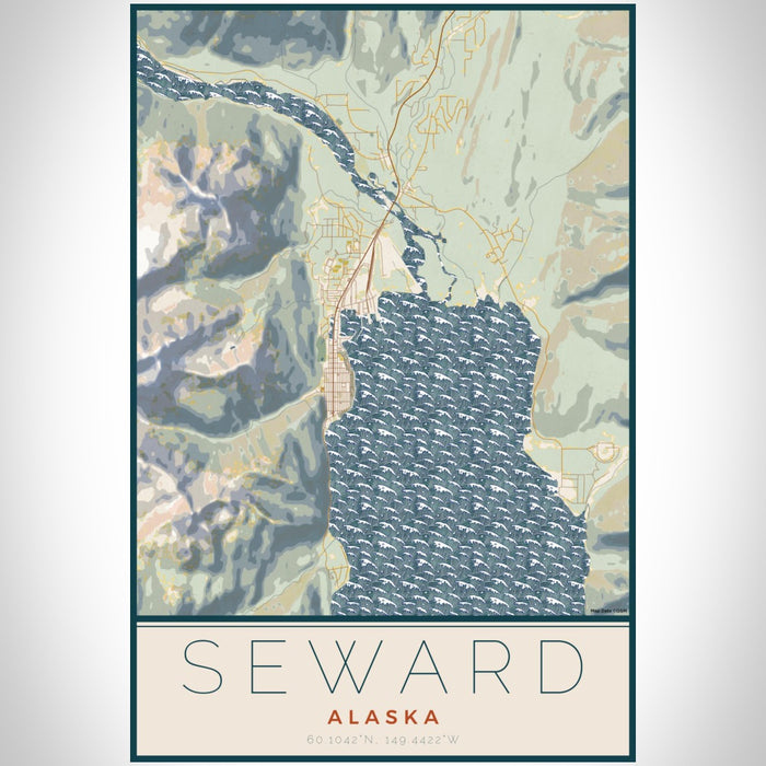 Seward Alaska Map Print Portrait Orientation in Woodblock Style With Shaded Background