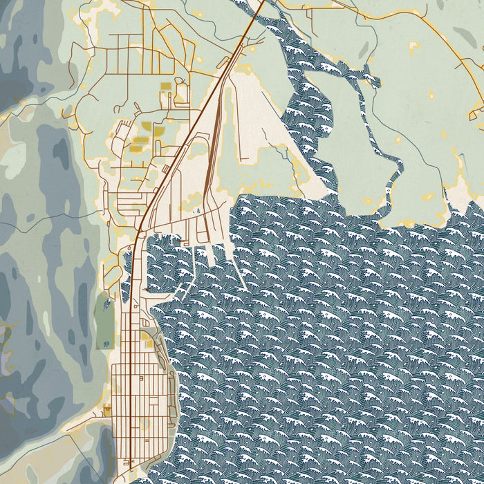 Seward Alaska Map Print in Woodblock Style Zoomed In Close Up Showing Details