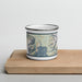 Front View Custom Seward Alaska Map Enamel Mug in Woodblock on Cutting Board