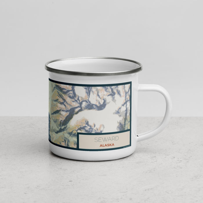 Right View Custom Seward Alaska Map Enamel Mug in Woodblock