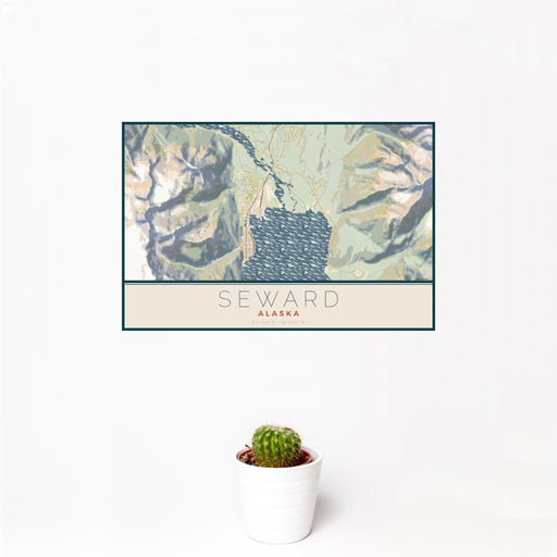 12x18 Seward Alaska Map Print Landscape Orientation in Woodblock Style With Small Cactus Plant in White Planter