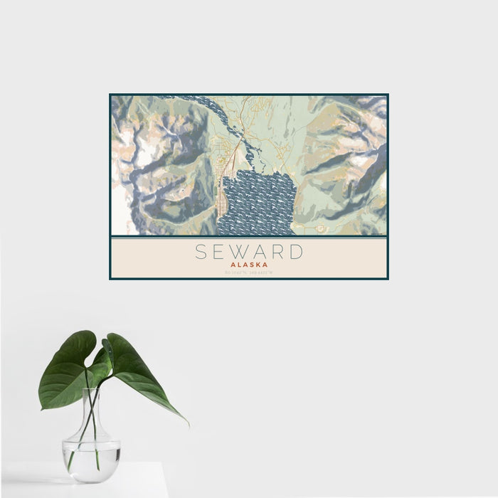 16x24 Seward Alaska Map Print Landscape Orientation in Woodblock Style With Tropical Plant Leaves in Water