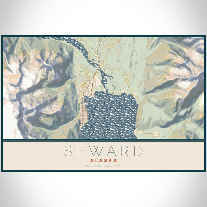 Seward Alaska Map Print Landscape Orientation in Woodblock Style With Shaded Background