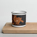 Front View Custom SFO California Map Enamel Mug in Ember on Cutting Board