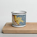 Front View Custom SFO California Map Enamel Mug in Woodblock on Cutting Board