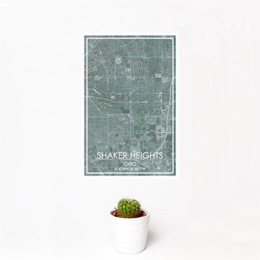 12x18 Shaker Heights Ohio Map Print Portrait Orientation in Afternoon Style With Small Cactus Plant in White Planter