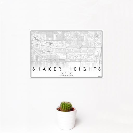 12x18 Shaker Heights Ohio Map Print Landscape Orientation in Classic Style With Small Cactus Plant in White Planter