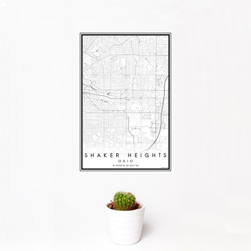 12x18 Shaker Heights Ohio Map Print Portrait Orientation in Classic Style With Small Cactus Plant in White Planter