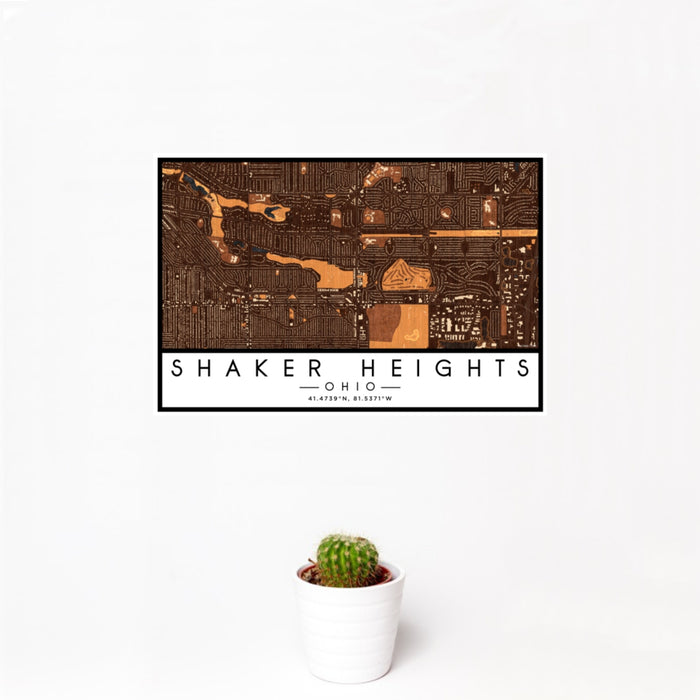 12x18 Shaker Heights Ohio Map Print Landscape Orientation in Ember Style With Small Cactus Plant in White Planter