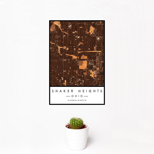 12x18 Shaker Heights Ohio Map Print Portrait Orientation in Ember Style With Small Cactus Plant in White Planter