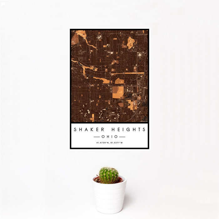 12x18 Shaker Heights Ohio Map Print Portrait Orientation in Ember Style With Small Cactus Plant in White Planter