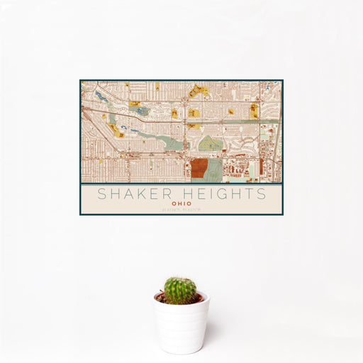 12x18 Shaker Heights Ohio Map Print Landscape Orientation in Woodblock Style With Small Cactus Plant in White Planter