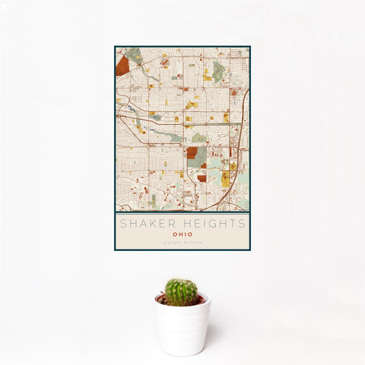12x18 Shaker Heights Ohio Map Print Portrait Orientation in Woodblock Style With Small Cactus Plant in White Planter
