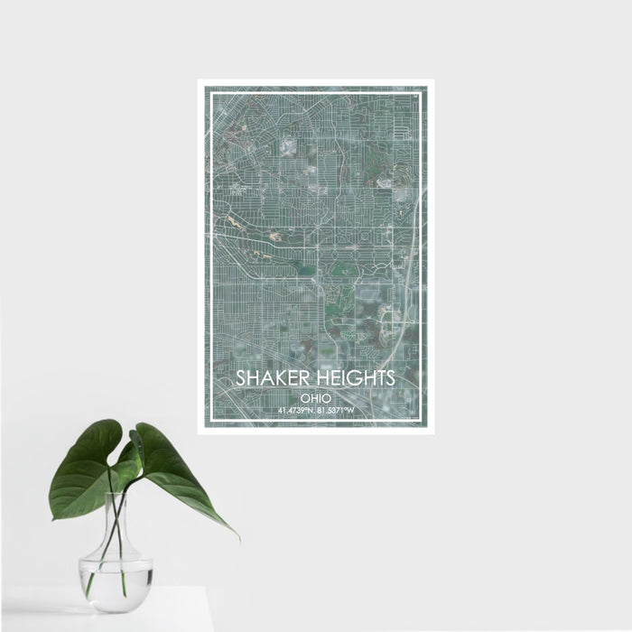 16x24 Shaker Heights Ohio Map Print Portrait Orientation in Afternoon Style With Tropical Plant Leaves in Water