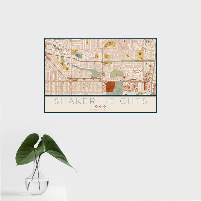 16x24 Shaker Heights Ohio Map Print Landscape Orientation in Woodblock Style With Tropical Plant Leaves in Water
