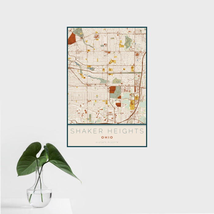 16x24 Shaker Heights Ohio Map Print Portrait Orientation in Woodblock Style With Tropical Plant Leaves in Water