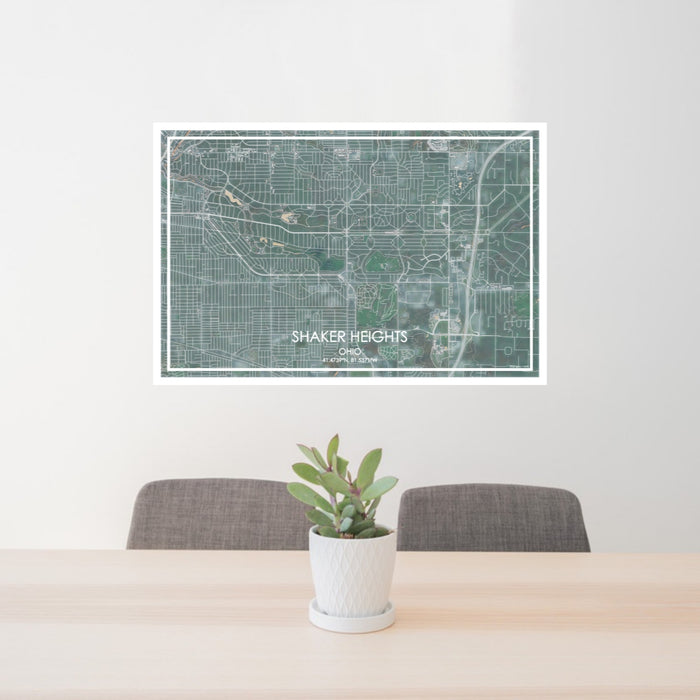 24x36 Shaker Heights Ohio Map Print Lanscape Orientation in Afternoon Style Behind 2 Chairs Table and Potted Plant