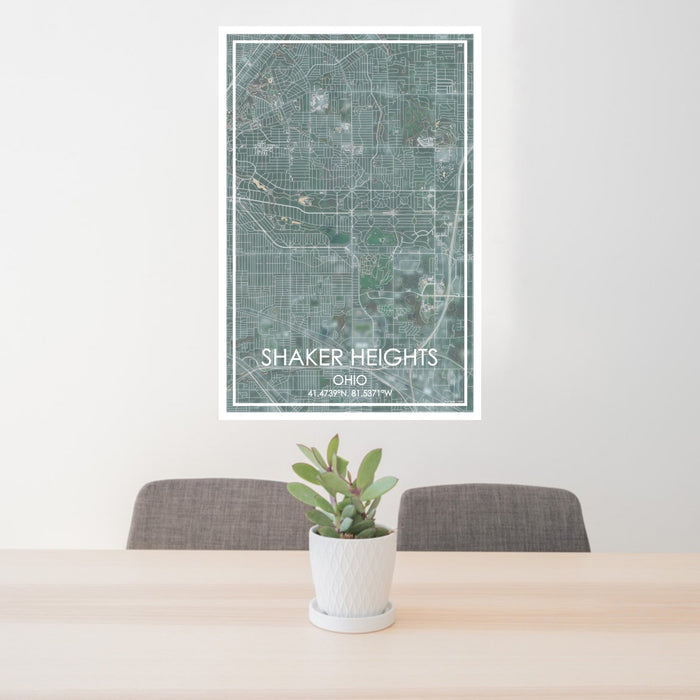 24x36 Shaker Heights Ohio Map Print Portrait Orientation in Afternoon Style Behind 2 Chairs Table and Potted Plant