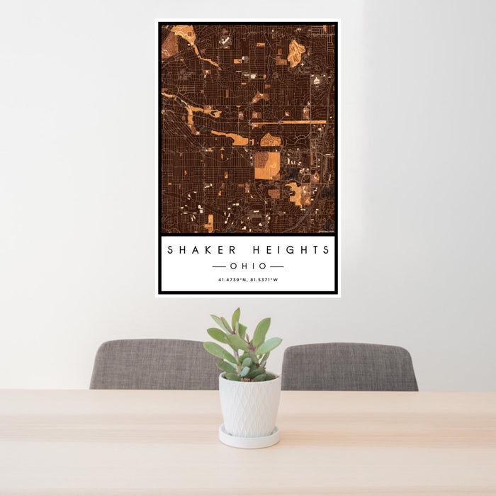 24x36 Shaker Heights Ohio Map Print Portrait Orientation in Ember Style Behind 2 Chairs Table and Potted Plant