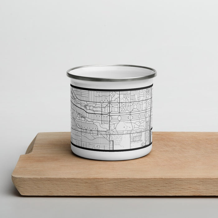 Front View Custom Shaker Heights Ohio Map Enamel Mug in Classic on Cutting Board