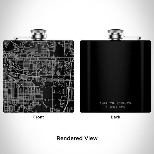Rendered View of Shaker Heights Ohio Map Engraving on 6oz Stainless Steel Flask in Black