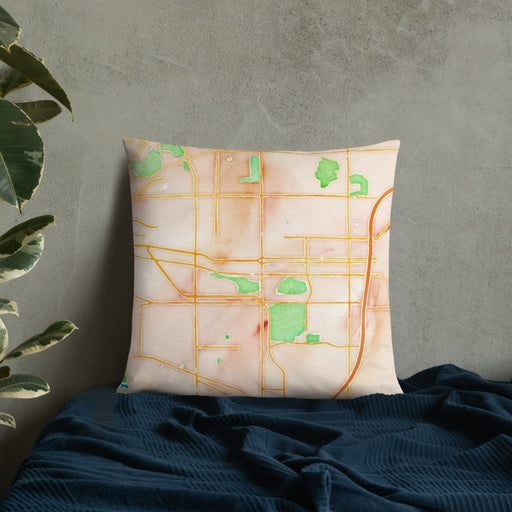 Custom Shaker Heights Ohio Map Throw Pillow in Watercolor on Bedding Against Wall
