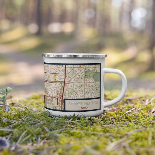 Right View Custom Shaker Heights Ohio Map Enamel Mug in Woodblock on Grass With Trees in Background