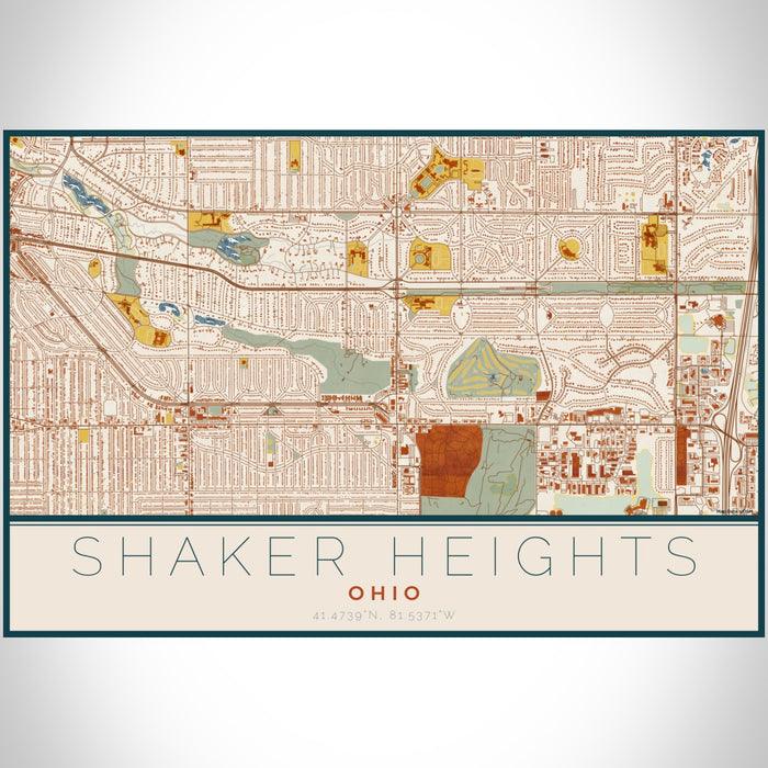 Shaker Heights Ohio Map Print Landscape Orientation in Woodblock Style With Shaded Background