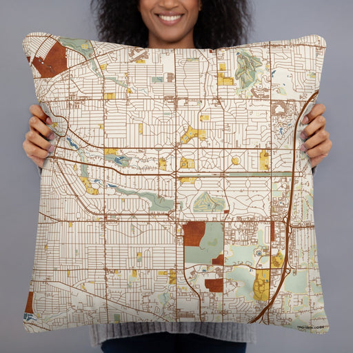 Person holding 22x22 Custom Shaker Heights Ohio Map Throw Pillow in Woodblock