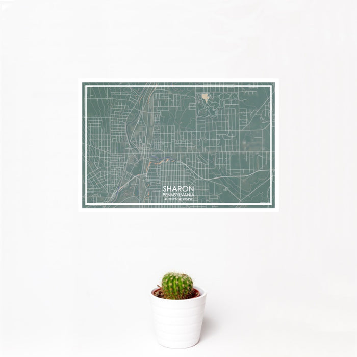 12x18 Sharon Pennsylvania Map Print Landscape Orientation in Afternoon Style With Small Cactus Plant in White Planter