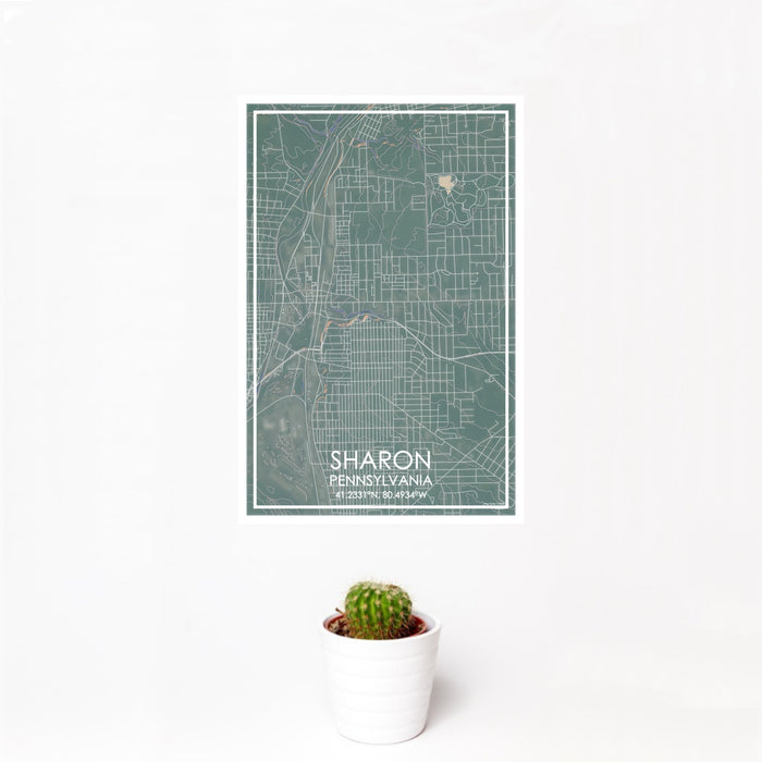12x18 Sharon Pennsylvania Map Print Portrait Orientation in Afternoon Style With Small Cactus Plant in White Planter