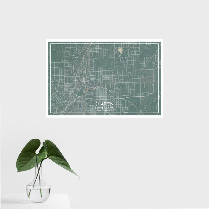 16x24 Sharon Pennsylvania Map Print Landscape Orientation in Afternoon Style With Tropical Plant Leaves in Water