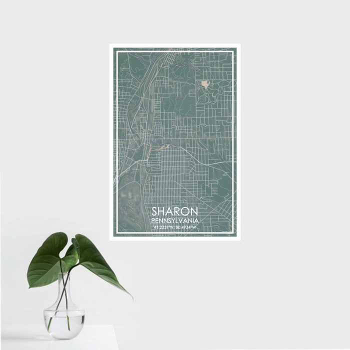 16x24 Sharon Pennsylvania Map Print Portrait Orientation in Afternoon Style With Tropical Plant Leaves in Water