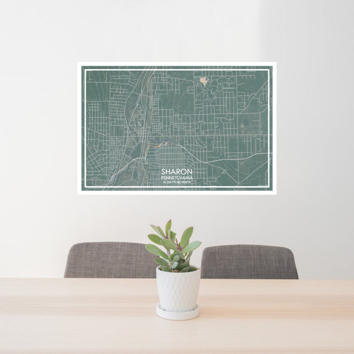 24x36 Sharon Pennsylvania Map Print Lanscape Orientation in Afternoon Style Behind 2 Chairs Table and Potted Plant