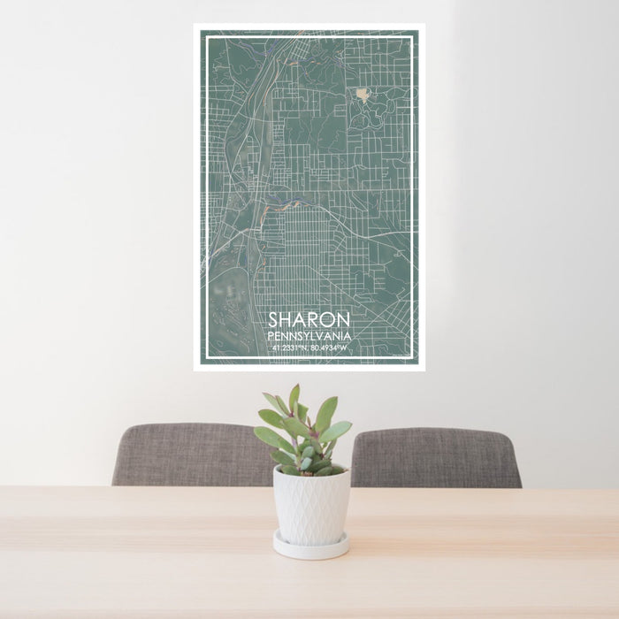 24x36 Sharon Pennsylvania Map Print Portrait Orientation in Afternoon Style Behind 2 Chairs Table and Potted Plant