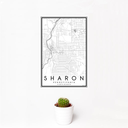 12x18 Sharon Pennsylvania Map Print Portrait Orientation in Classic Style With Small Cactus Plant in White Planter
