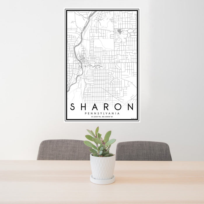 24x36 Sharon Pennsylvania Map Print Portrait Orientation in Classic Style Behind 2 Chairs Table and Potted Plant