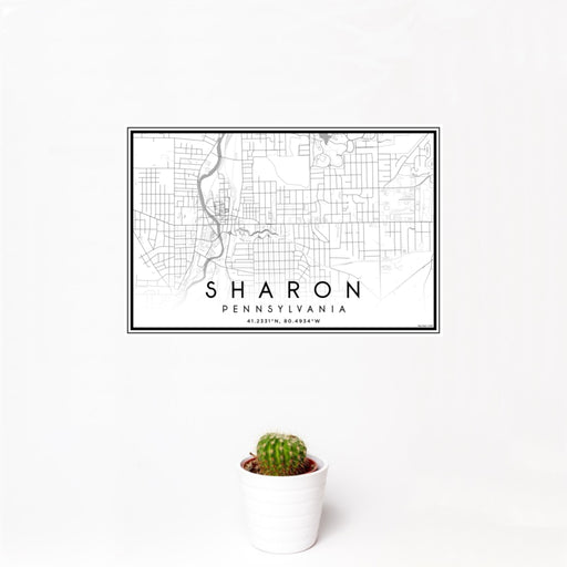 12x18 Sharon Pennsylvania Map Print Landscape Orientation in Classic Style With Small Cactus Plant in White Planter